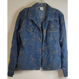 Focus Denim Floral Embroidered Trucker Jacket Button Up Long Sleeve Womens M